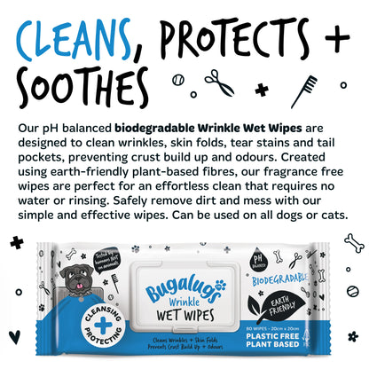 Bugalugs Wrinkle Biodegradable Pet Wipes (80 Large Plastic Free & plant based Wipes) Fragrance Free for Dogs & Cats
