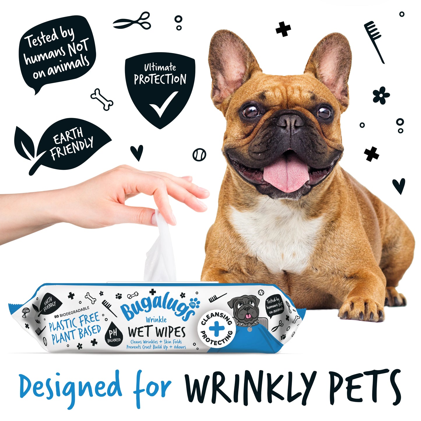Bugalugs Wrinkle Biodegradable Pet Wipes (80 Large Plastic Free & plant based Wipes) Fragrance Free for Dogs & Cats