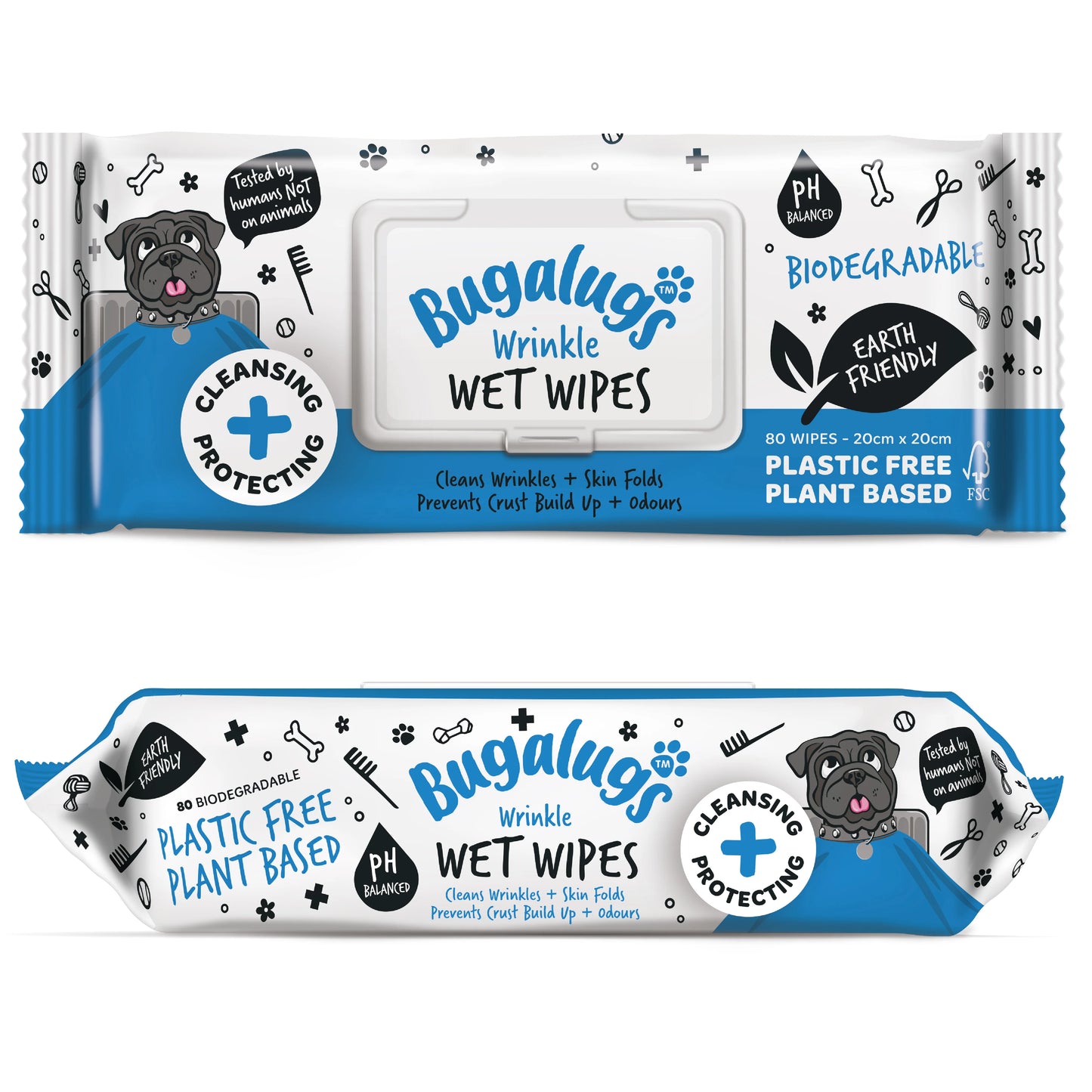 Bugalugs Wrinkle Biodegradable Pet Wipes (80 Large Plastic Free & plant based Wipes) Fragrance Free for Dogs & Cats