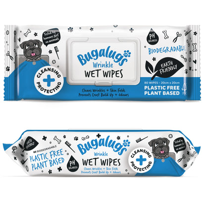 Bugalugs Wrinkle Biodegradable Pet Wipes (80 Large Plastic Free & plant based Wipes) Fragrance Free for Dogs & Cats