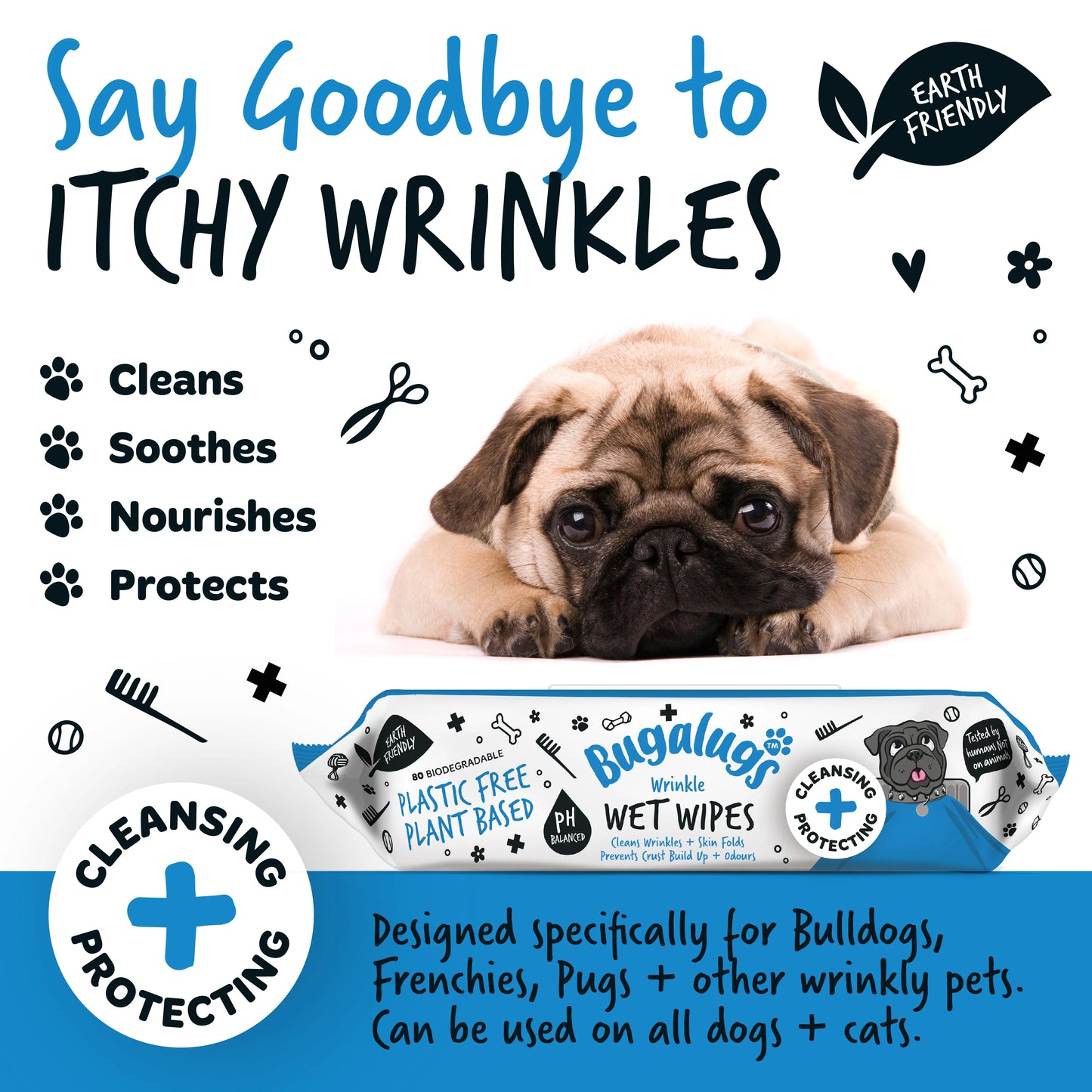 Bugalugs Wrinkle Biodegradable Pet Wipes (80 Large Plastic Free & plant based Wipes) Fragrance Free for Dogs & Cats