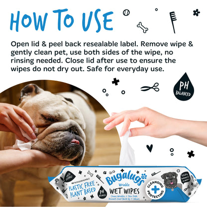 Bugalugs Wrinkle Biodegradable Pet Wipes (80 Large Plastic Free & plant based Wipes) Fragrance Free for Dogs & Cats
