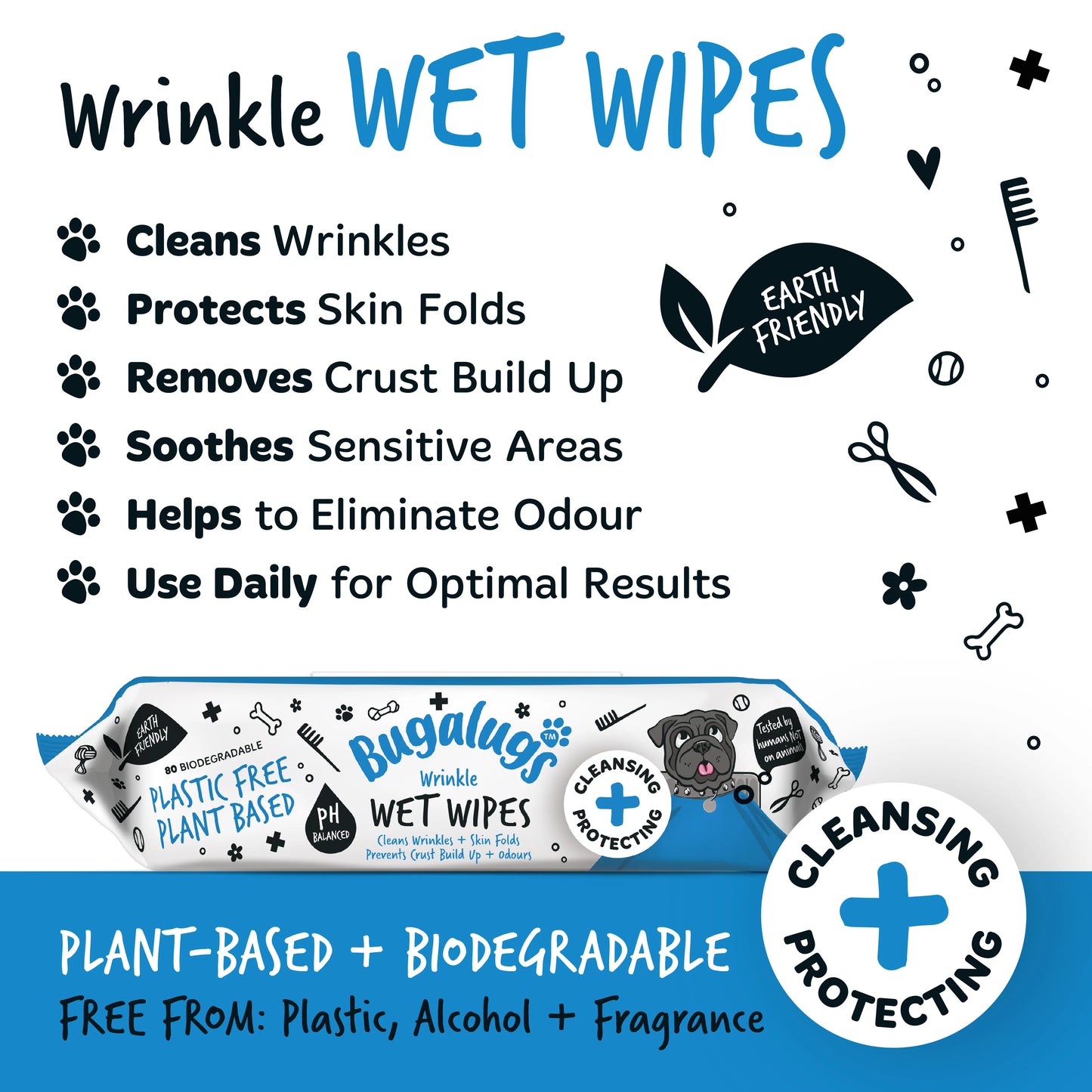 Bugalugs Wrinkle Biodegradable Pet Wipes (80 Large Plastic Free & plant based Wipes) Fragrance Free for Dogs & Cats