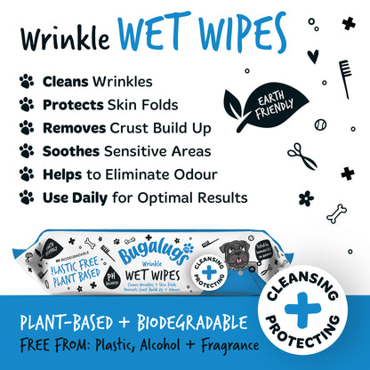 Bugalugs Wrinkle Biodegradable Pet Wipes (80 Large Plastic Free & plant based Wipes) Fragrance Free for Dogs & Cats