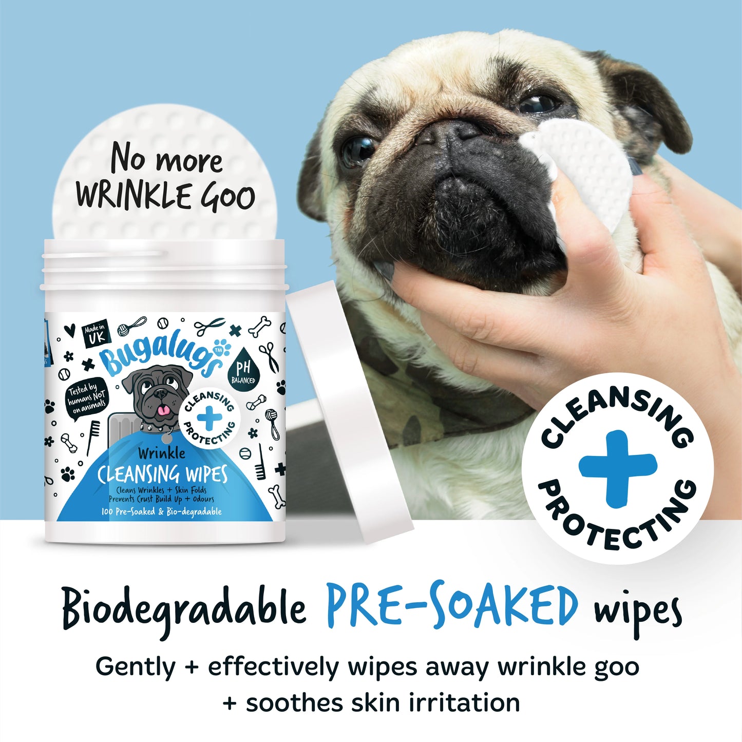 Bugalugs Wrinkle Pet Wipes (100 pre soaked Bio-Degradable Wipes)