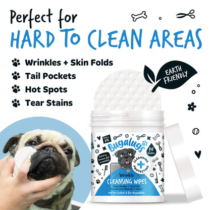 Bugalugs Wrinkle Pet Wipes (100 pre soaked Bio-Degradable Wipes)