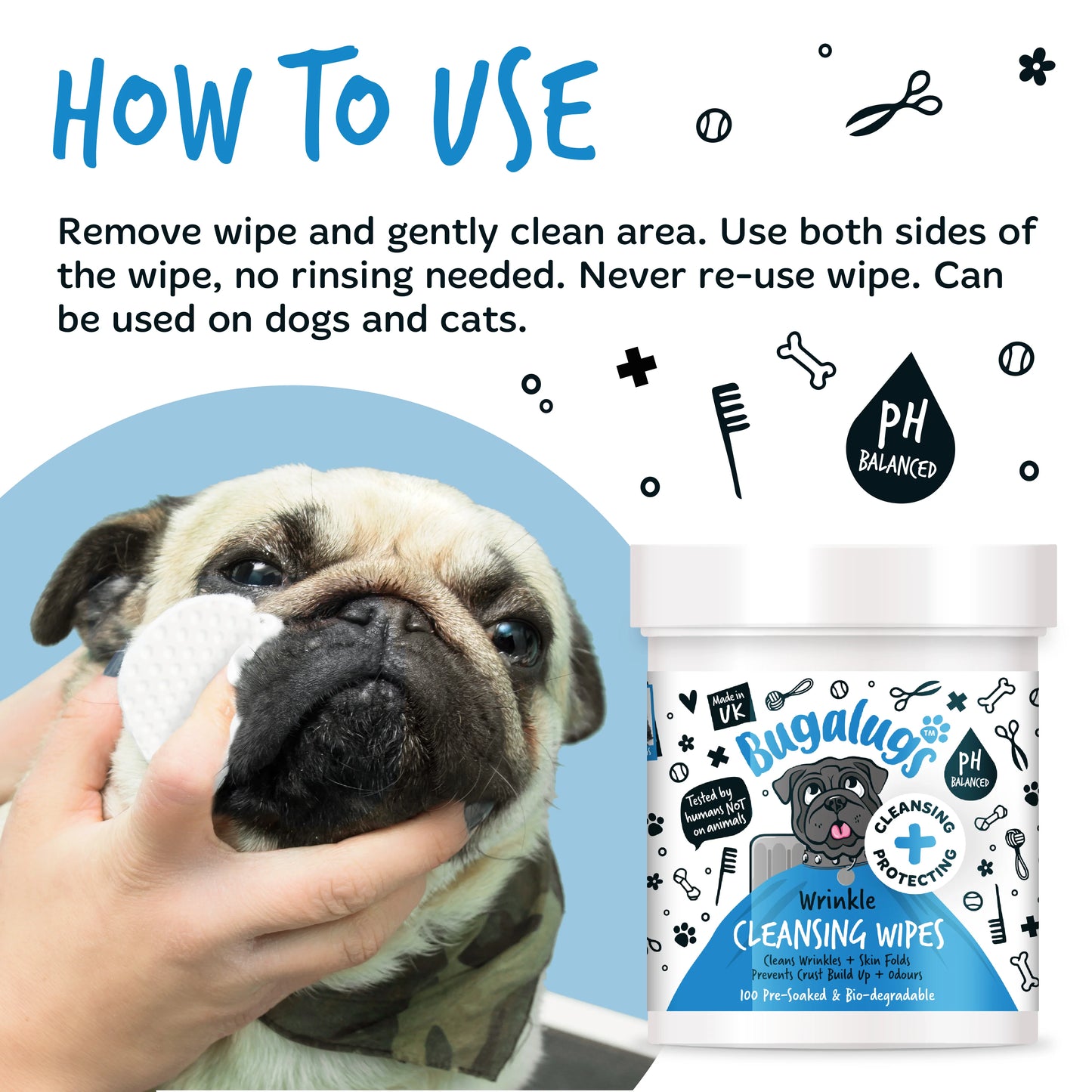 Bugalugs Wrinkle Pet Wipes (100 pre soaked Bio-Degradable Wipes)