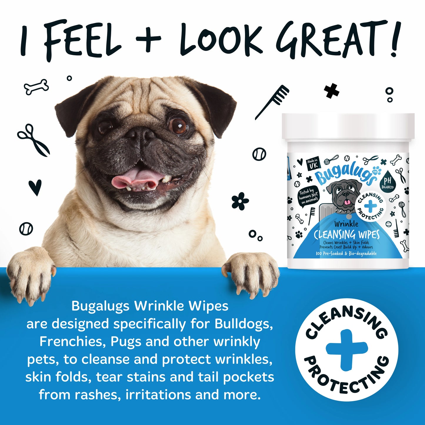 Bugalugs Wrinkle Pet Wipes (100 pre soaked Bio-Degradable Wipes)