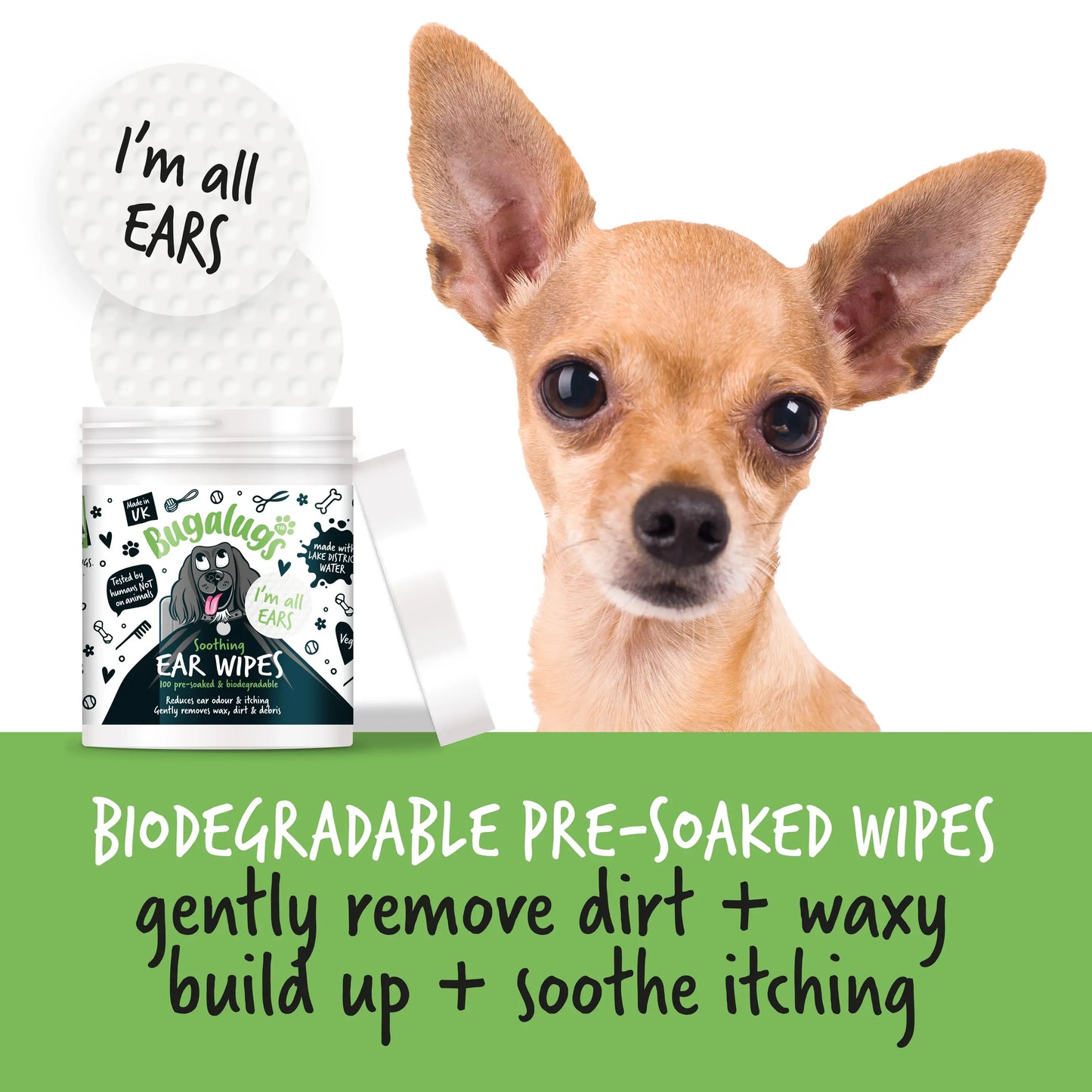 Bugalugs Soothing Ear Wipes (100 pre soaked Bio-Degradable Wipes)