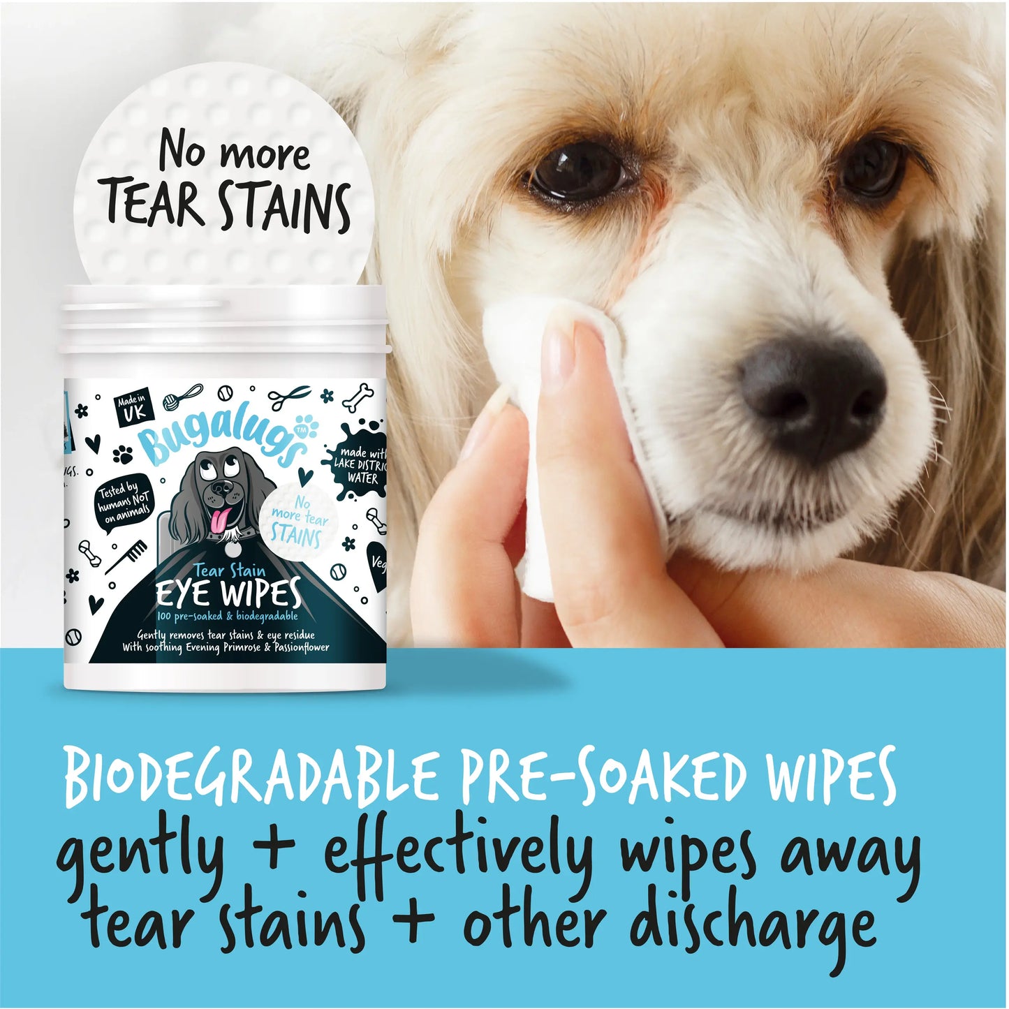 Bugalugs Tear Stain EyeWipes (100 pre soaked Bio-Degradable Wipes)