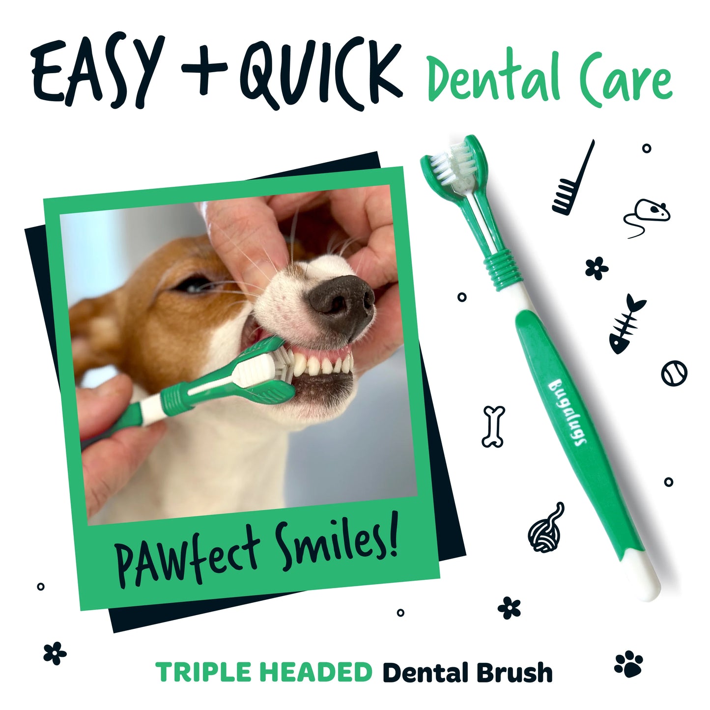 Bugalugs Triple Headed Pet Toothbrush For Dogs & Cats