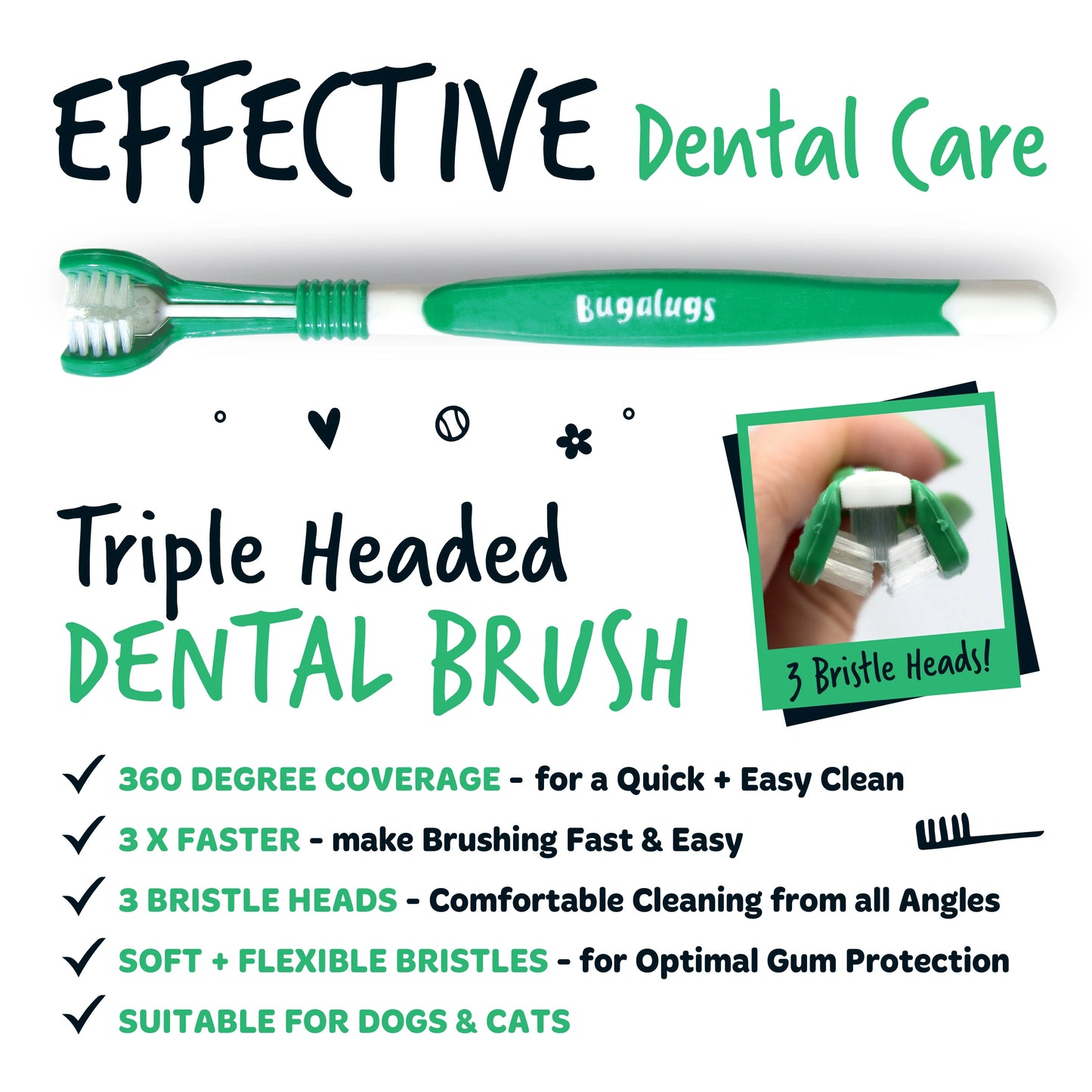Bugalugs Triple Headed Pet Toothbrush For Dogs & Cats