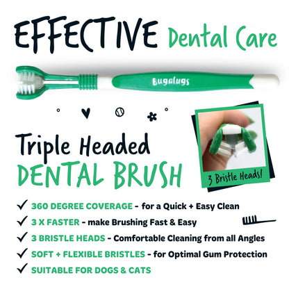 Bugalugs Triple Headed Pet Toothbrush For Dogs & Cats