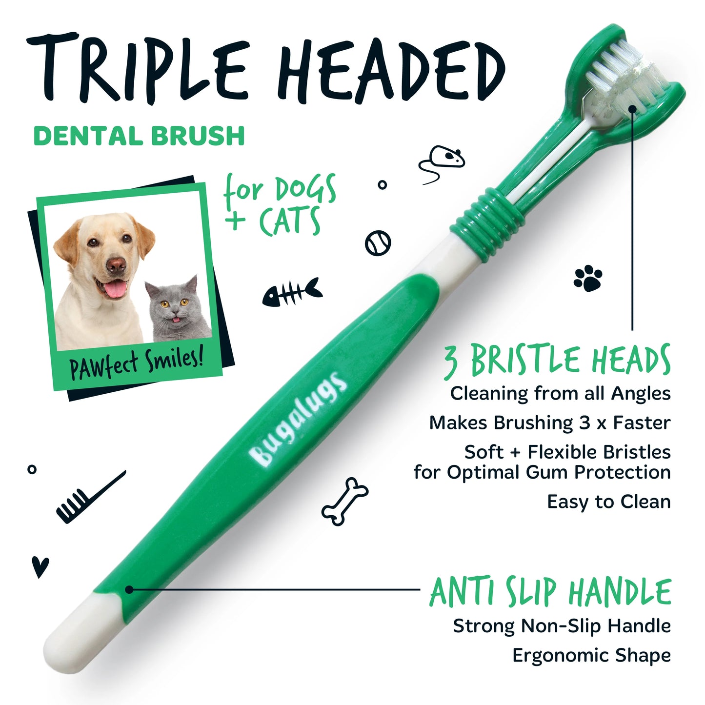 Bugalugs Triple Headed Pet Toothbrush For Dogs & Cats