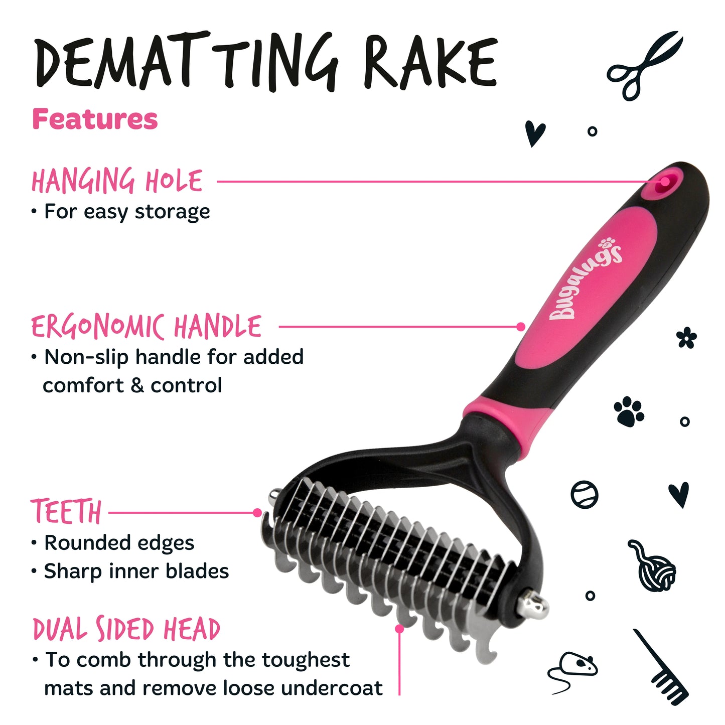 Bugalugs Pet Dematting Rake for Dogs & Cats