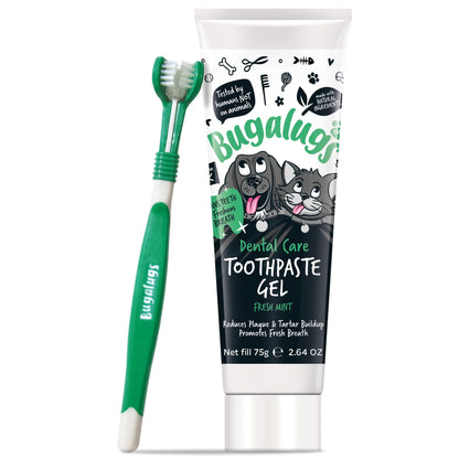Bugalugs Dental Care Kit (Toothpaste Gel with Triple Headed Toothbrush) for Dogs & Cats