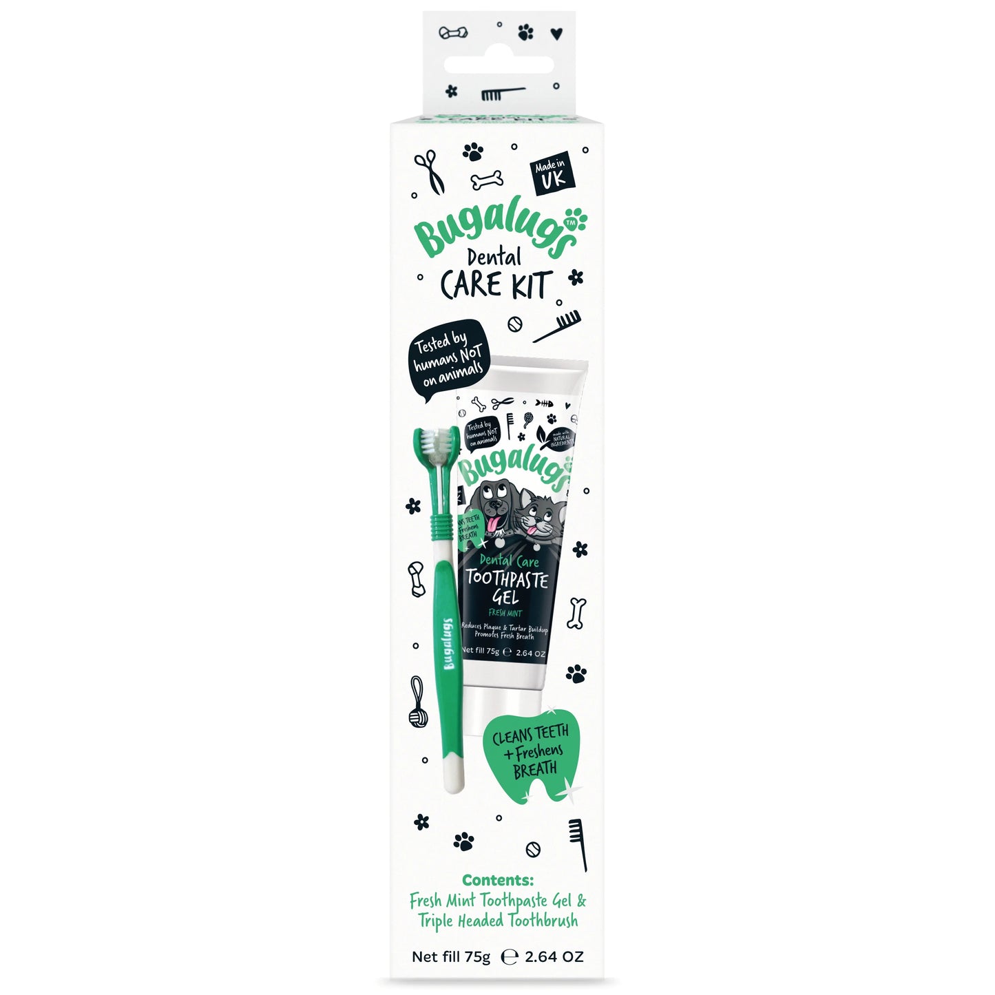 Bugalugs Dental Care Kit (Toothpaste Gel with Triple Headed Toothbrush) for Dogs & Cats