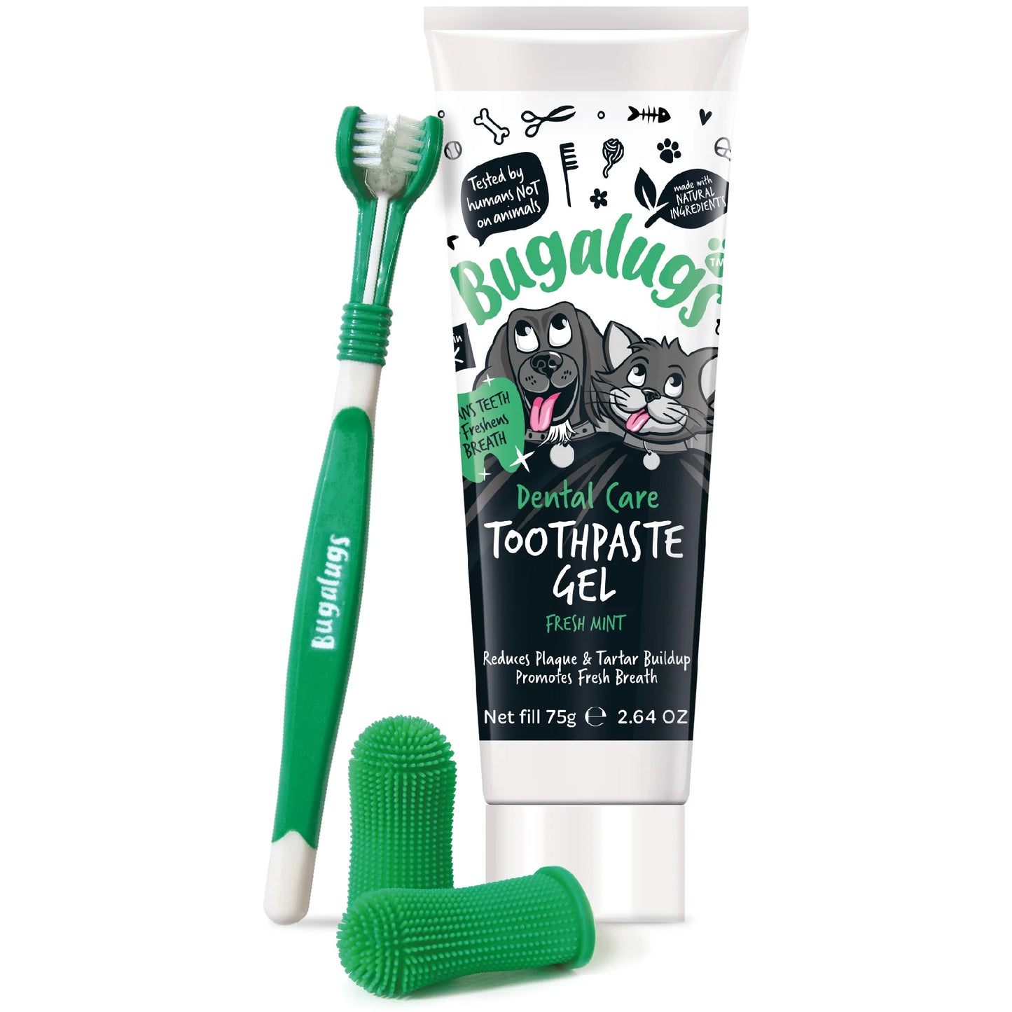 Bugalugs Dental Care Kit (Toothpaste Gel with Triple Headed Toothbrush) for Dogs & Cats
