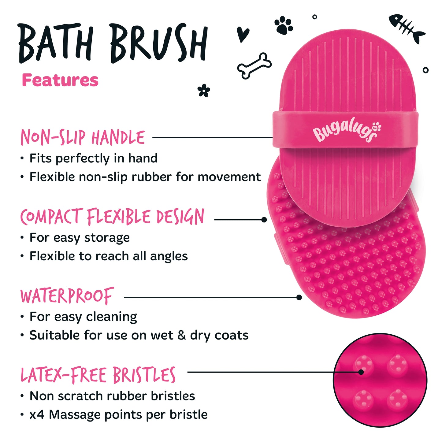 Bugalugs Bath Brush for Dogs & Cats (Pink)