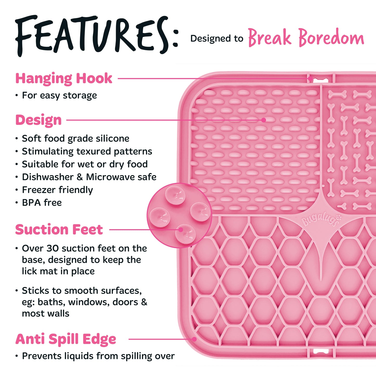 Bugalugs Lick Mat for Dogs & Cats (Pink)