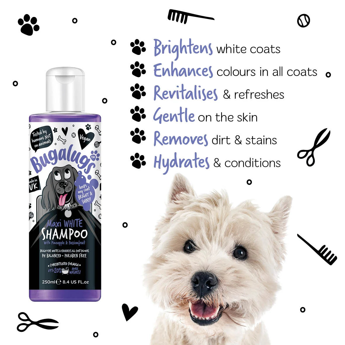 Bugalugs Maxi White Whitening Dog Shampoo 250ml