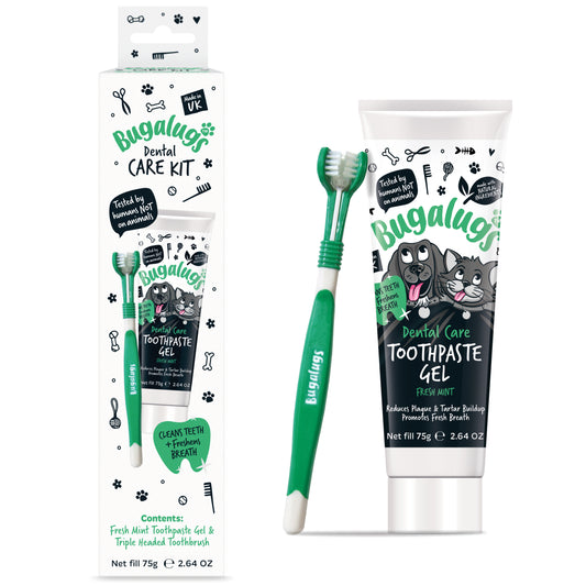 Bugalugs Dental Care Kit (Toothpaste Gel with Triple Headed Toothbrush) for Dogs & Cats