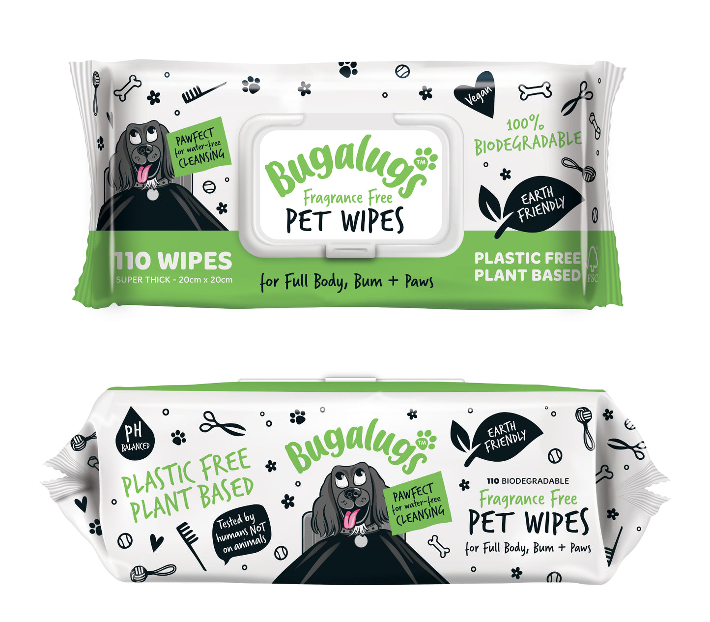 Bugalugs Biodegradable Pet Wipes (110 Large Plastic Free & plant based Wipes) Fragrance Free for Dogs & Cats