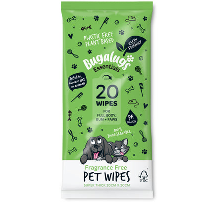 Bugalugs Biodegradable Pet Wipes (20 Large Plastic Free & plant based Wipes) Fragrance Free for Dogs & Cats